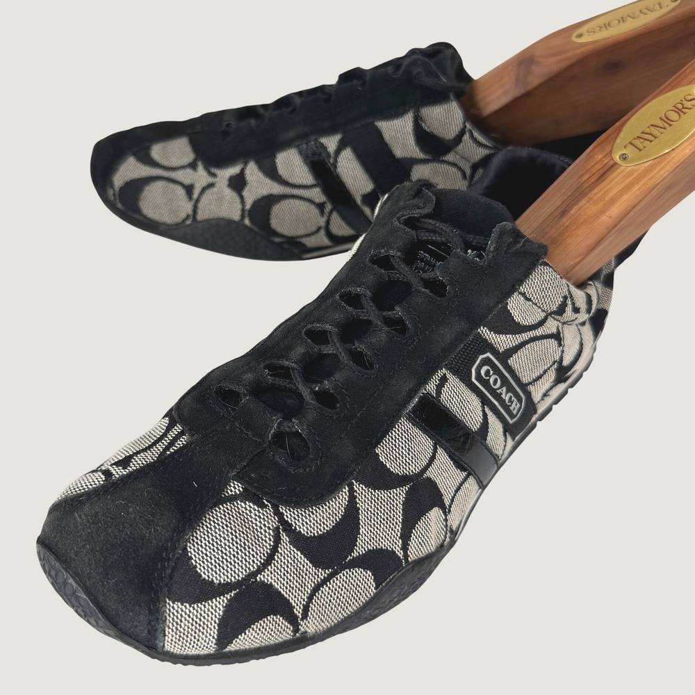 Vintage Coach Katelyn Women 7.5 Monogram Signature C Jacquard Suede Shoes Black